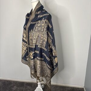 PASHMINA CASHMERE Silk SCARF Florence Italy Blue Paisley Shawl Wrap 21" X 70"